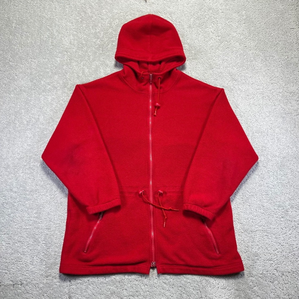 VINTAGE Eddie Bauer Fleece Jacket Womens Medium Red Full Zip Hooded Outdoor Hike